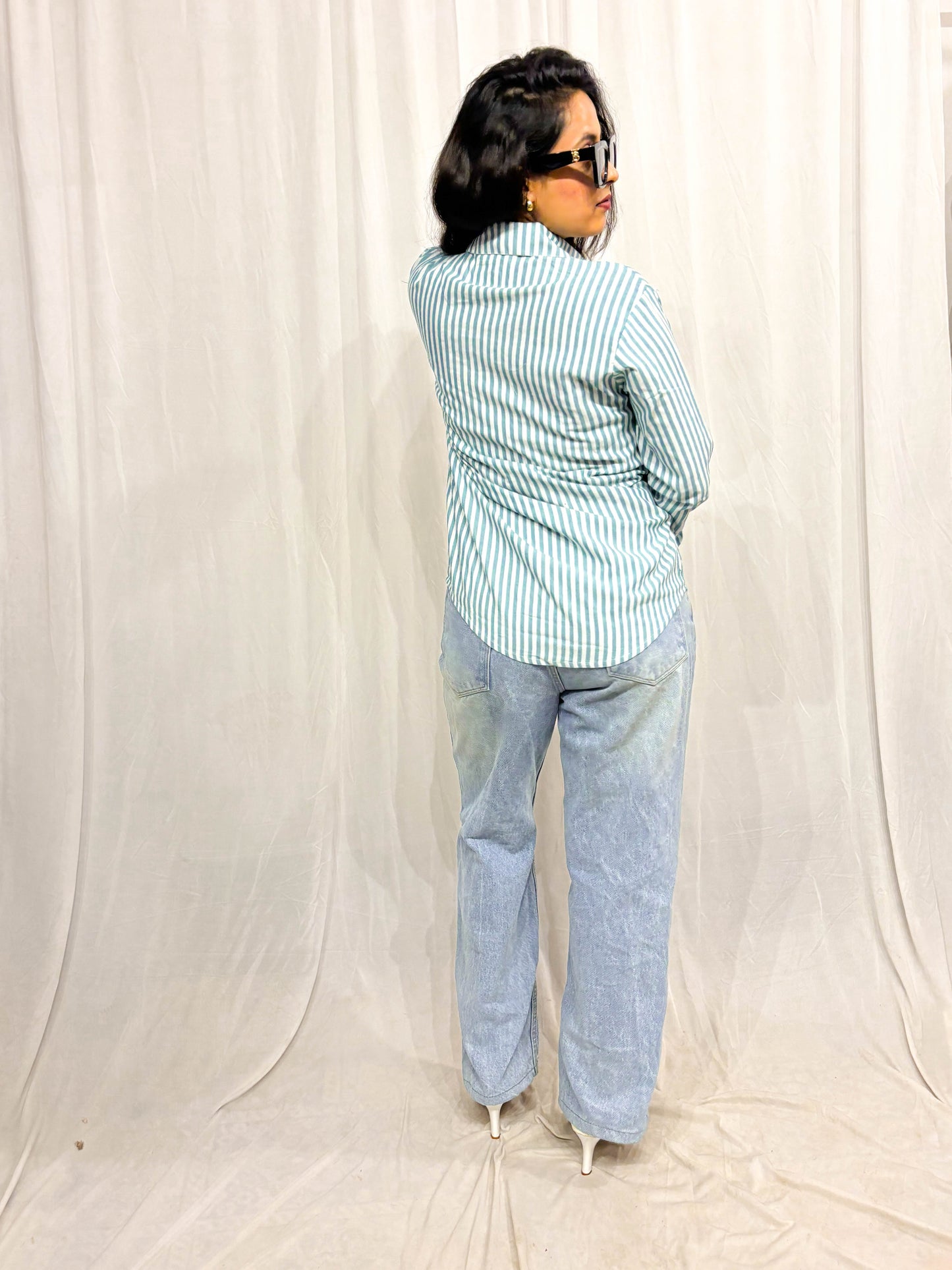 TEEL BLUE STRIPES COTTON SHIRT WITH EMBELLISHMENTS BESU INDIA