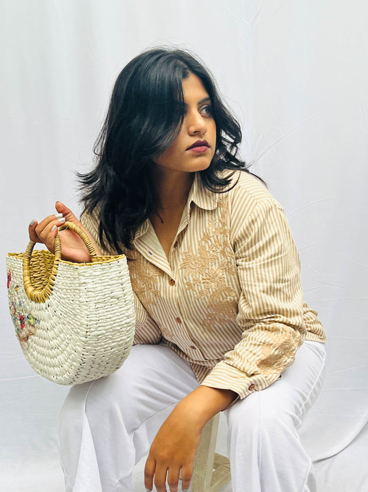 STRIPED COTTON SHIRT WITH THREAD EMBROIDERY BESU INDIA
