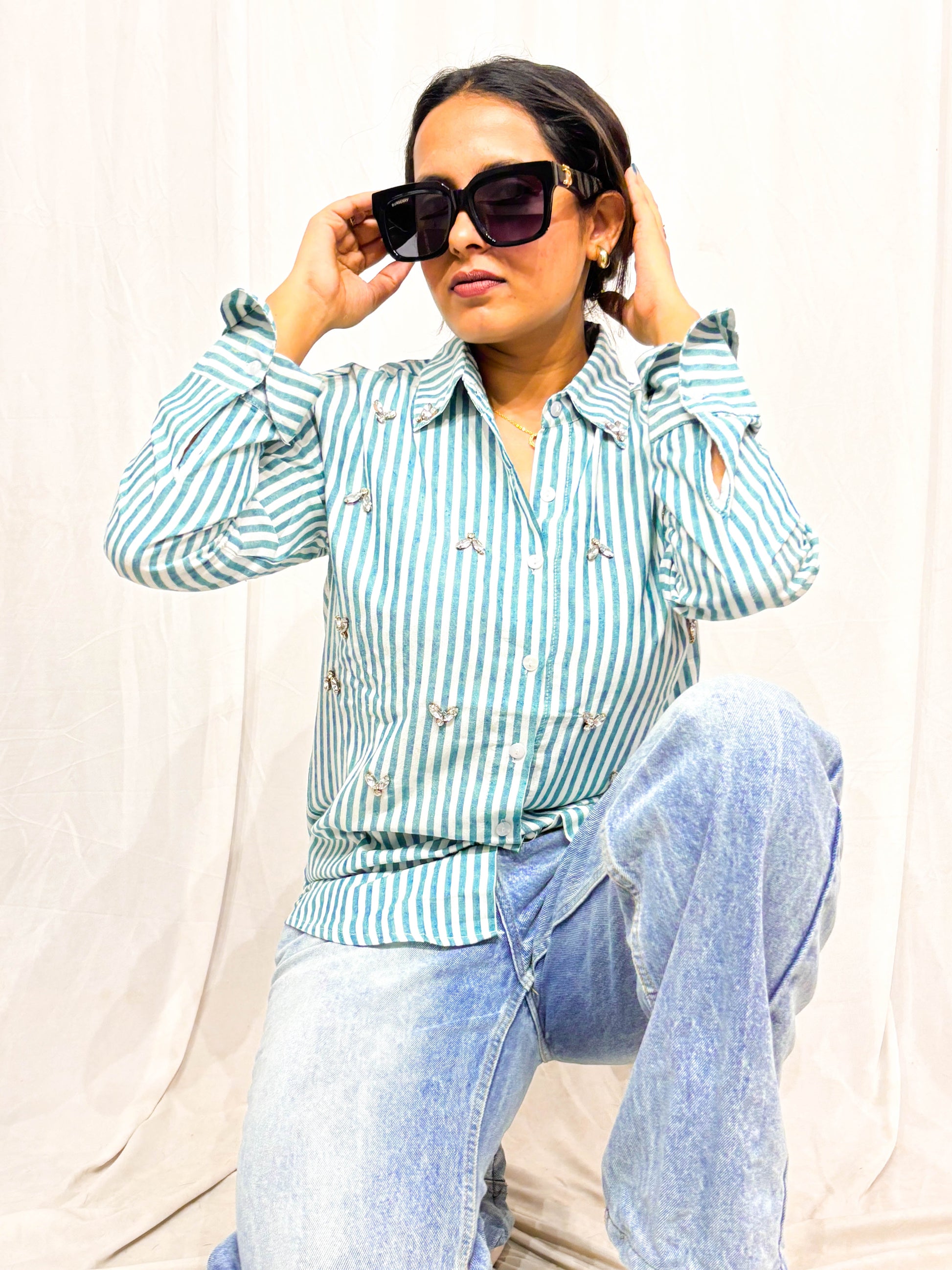 TEEL BLUE STRIPES COTTON SHIRT WITH EMBELLISHMENTS BESU INDIA