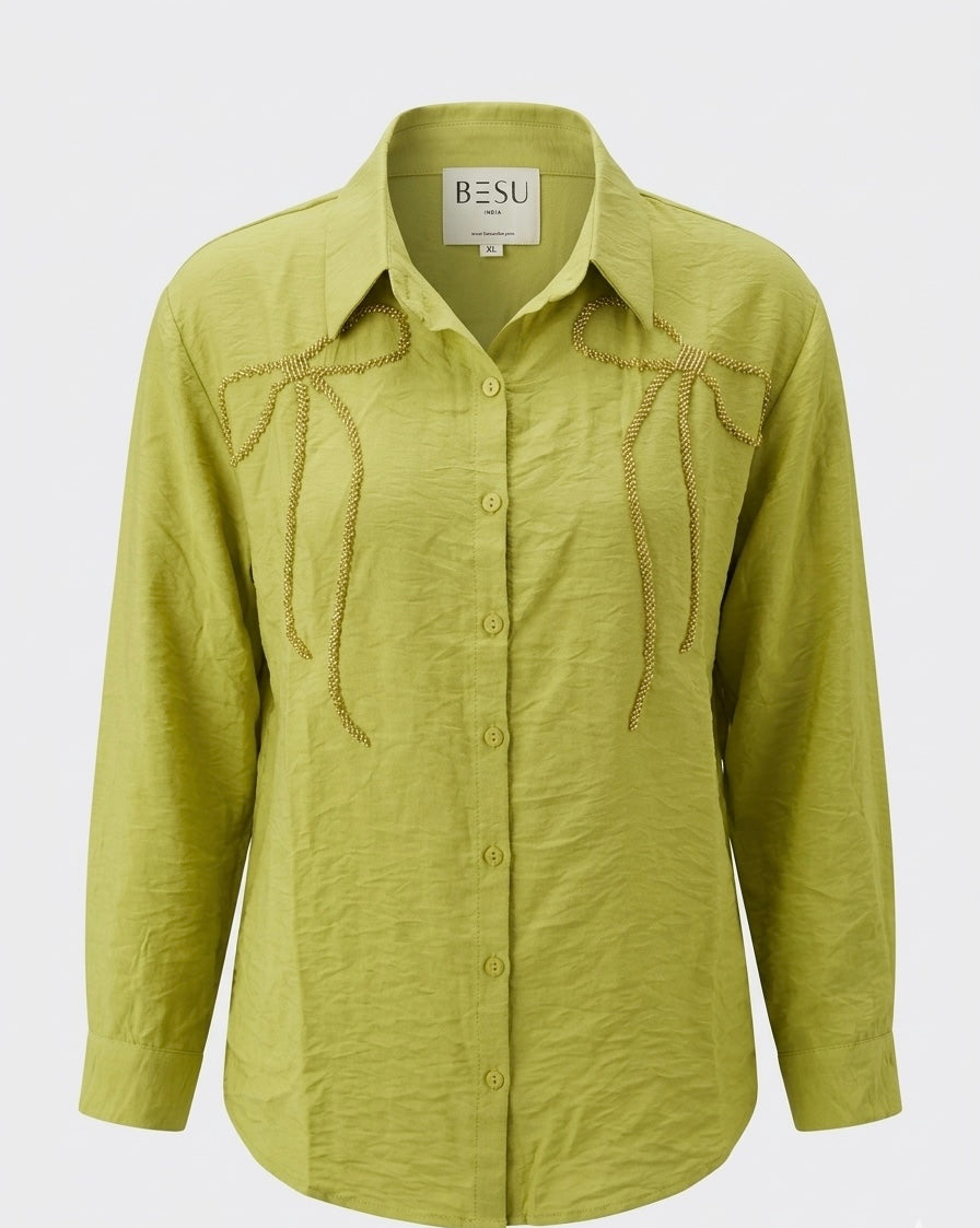 EARTHY GREEN SHIRT WITH BEADED BOW BESU INDIA