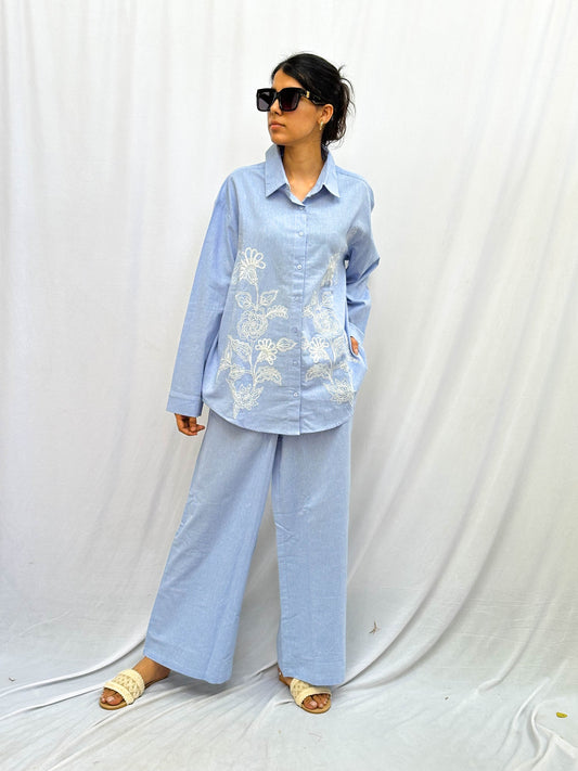 LIGHT BLUE LINEN CO-ORDS WITH WHITE THREAD EMBROIDERY BESU INDIA
