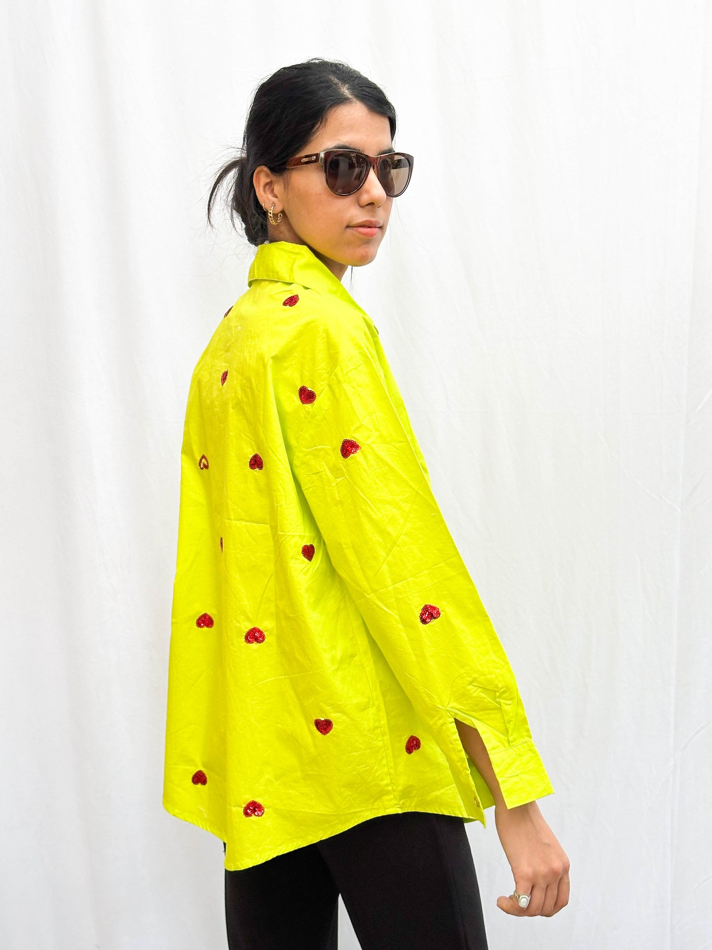 NEON GREEN HEART EMBROIDERED COTTON SHIRT BESU INDIA