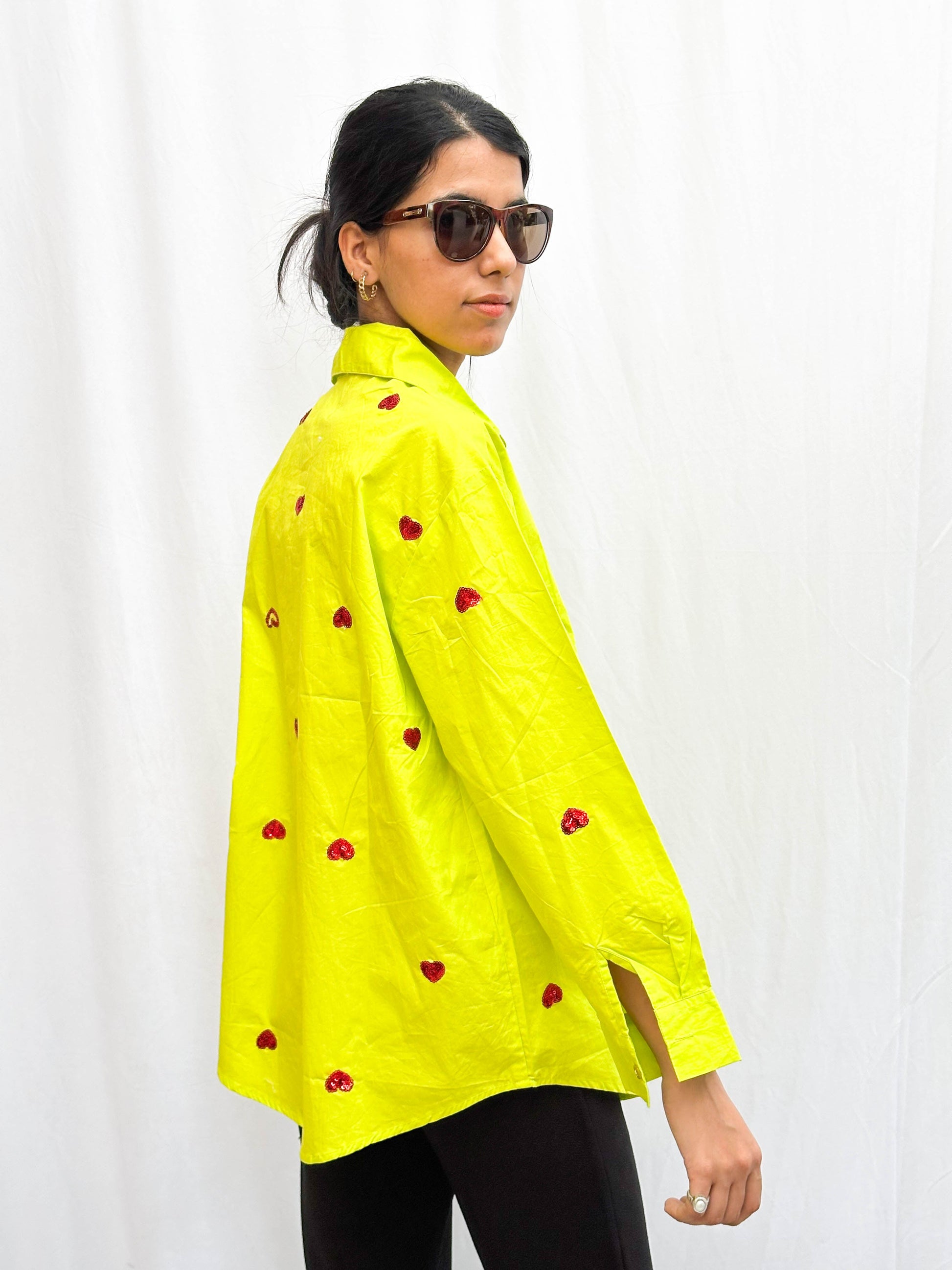 NEON GREEN HEART EMBROIDERED COTTON SHIRT BESU INDIA