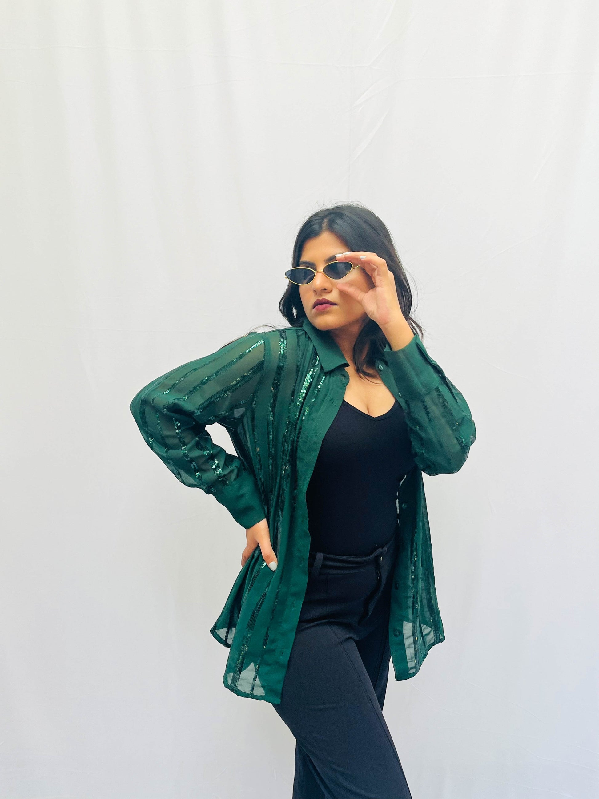 BOTTLE GREEN SEQUINS SEMI-TRANSPARENT SHIRT BESU INDIA