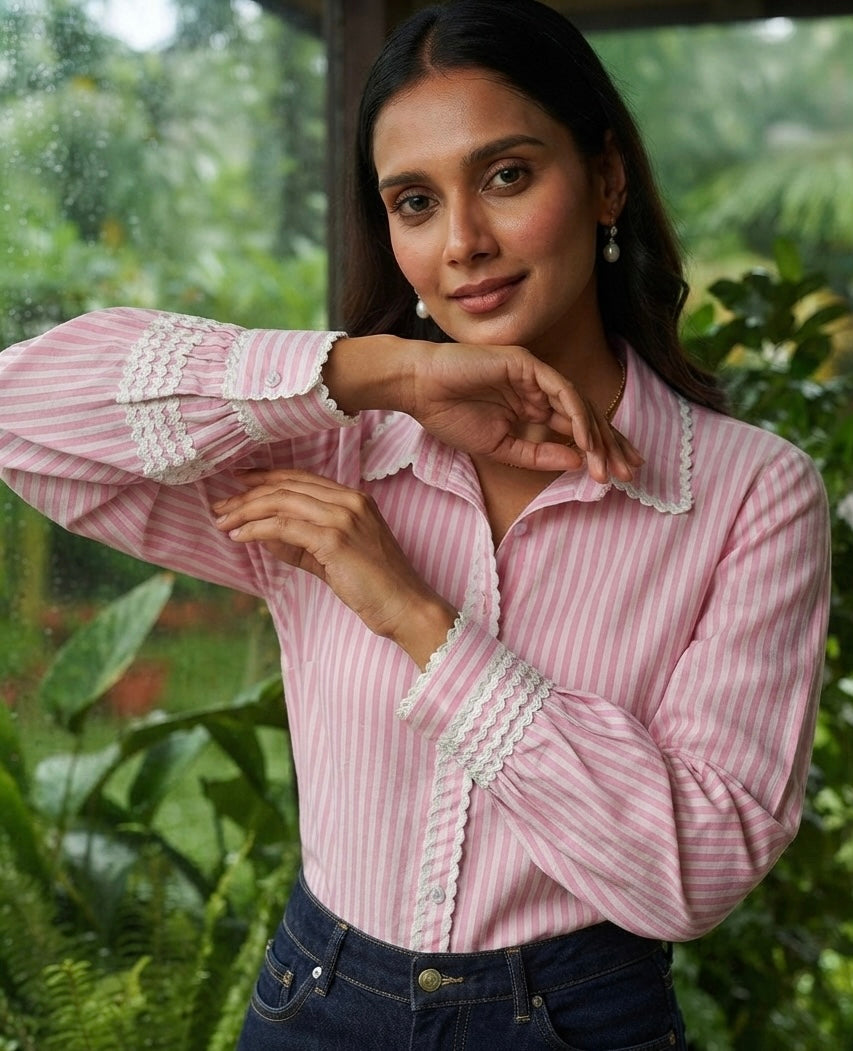 THE COTTON CANDY SCALLOP-TRIM STRIPE SHIRT BESU INDIA