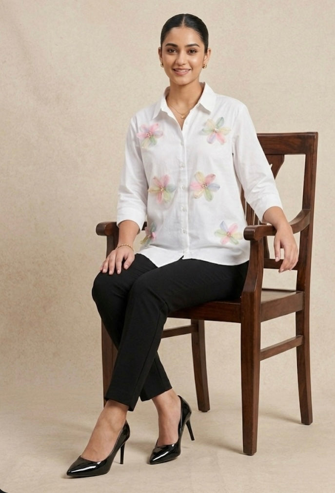 WHITE SHIRT WITH COLOURFUL FLOWERS PATCHWORK BESU INDIA