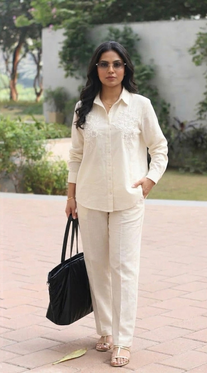WHITE COTTON EMBELLISHED CLASSIC CO-ORD BESU INDIA