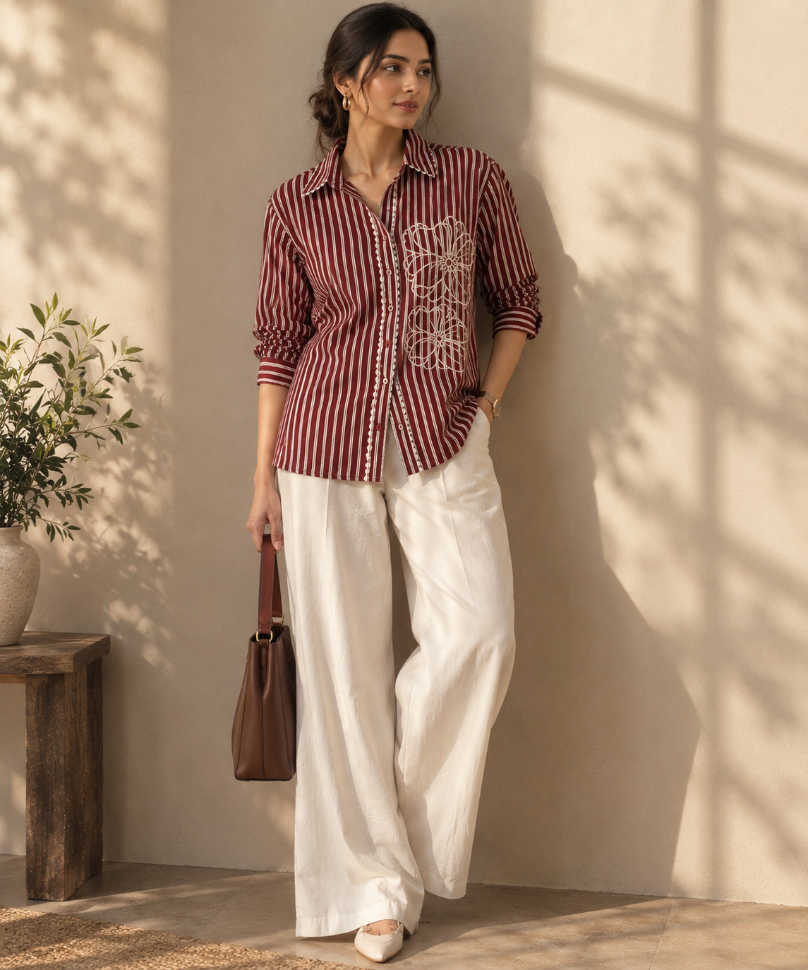 MAROON STRIPED EMBROIDERED SHIRT BESU INDIA