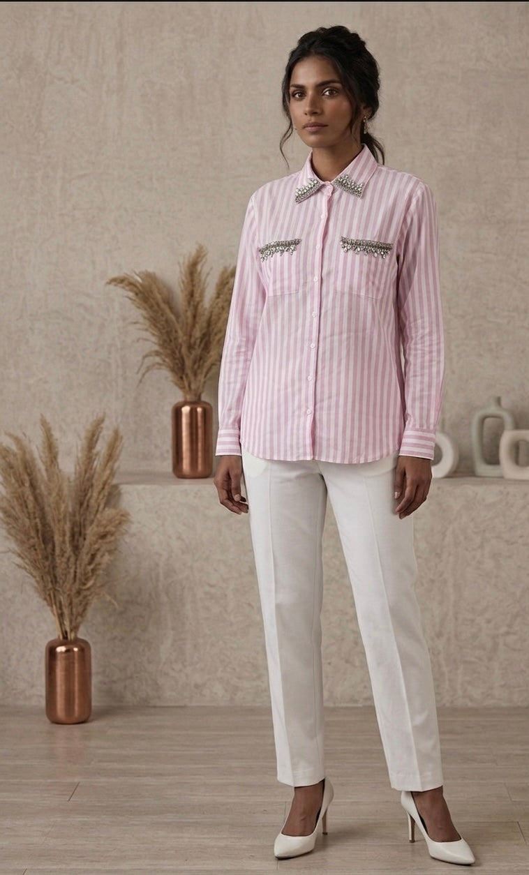CANDY-PINK STRIPED SHIRT WITH EMBELLISHMENTS BESU INDIA