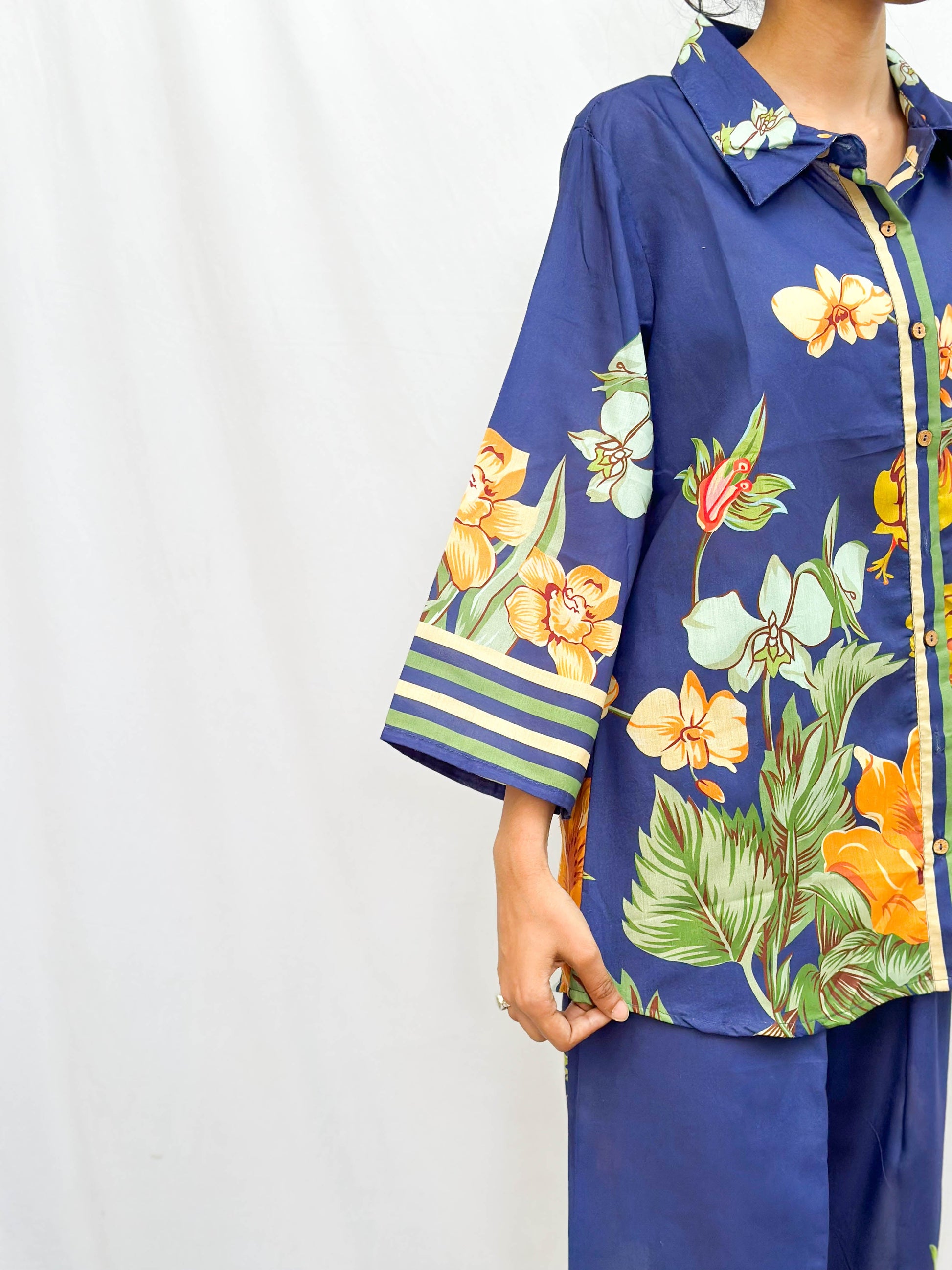 DEEP BLUE TROPICAL FLORAL PRINTED COTTON CO-ORD SET BESU INDIA