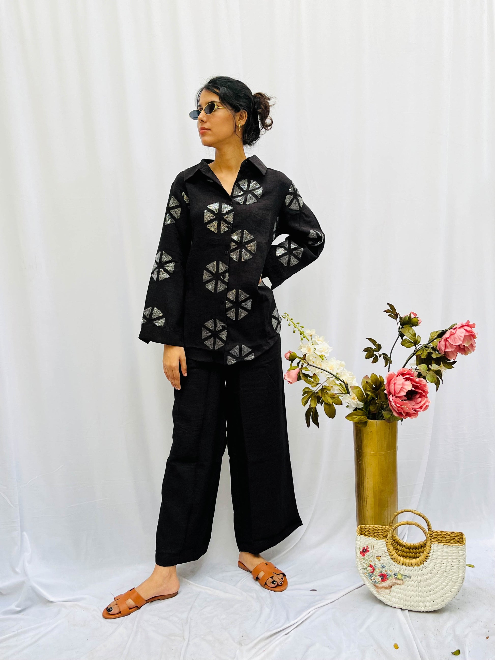 BLACK SEQUINS PATCH WORKED LINEN CO-ORD BESU INDIA