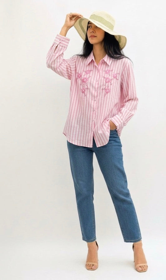 PINK STRIPED SHIRT WITH FLORAL EMBROIDERY BESU INDIA