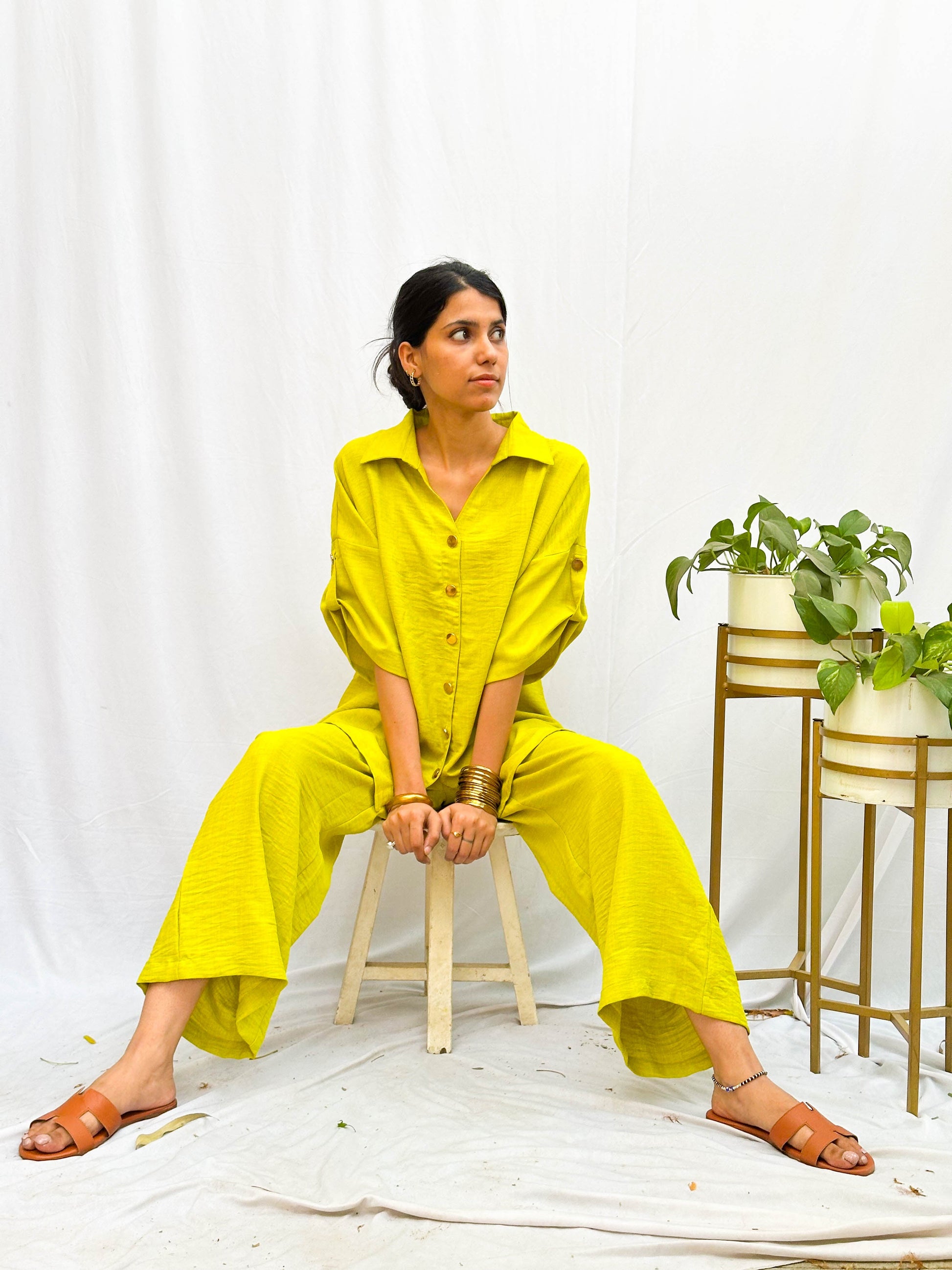 BRIGHT POP NEON GREEN SOFT COTTON CO-ORDS WITH GOLD BUTTONS BESU INDIA