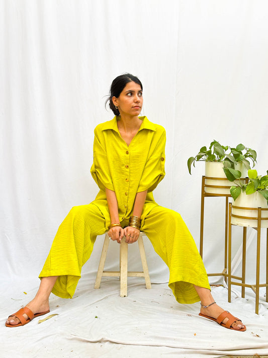 BRIGHT POP NEON GREEN SOFT COTTON CO-ORDS WITH GOLD BUTTONS BESU INDIA