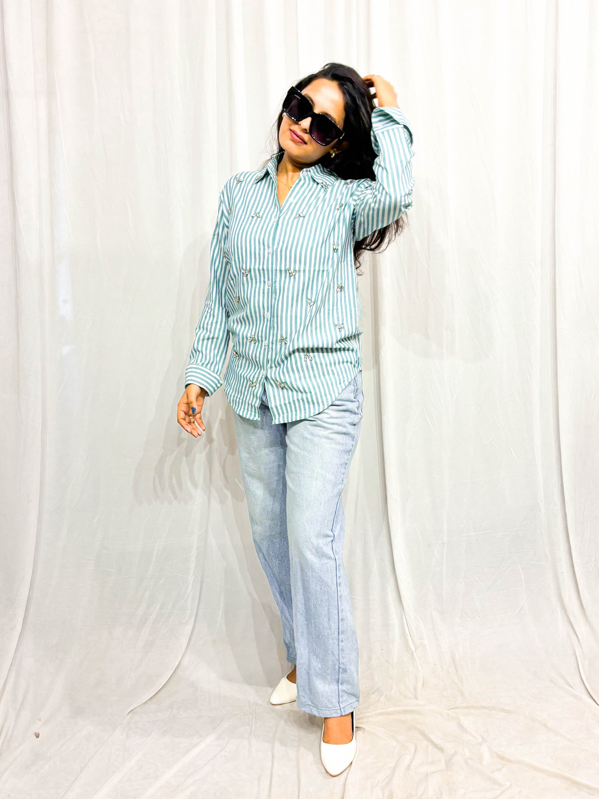 TEEL BLUE STRIPES COTTON SHIRT WITH EMBELLISHMENTS BESU INDIA