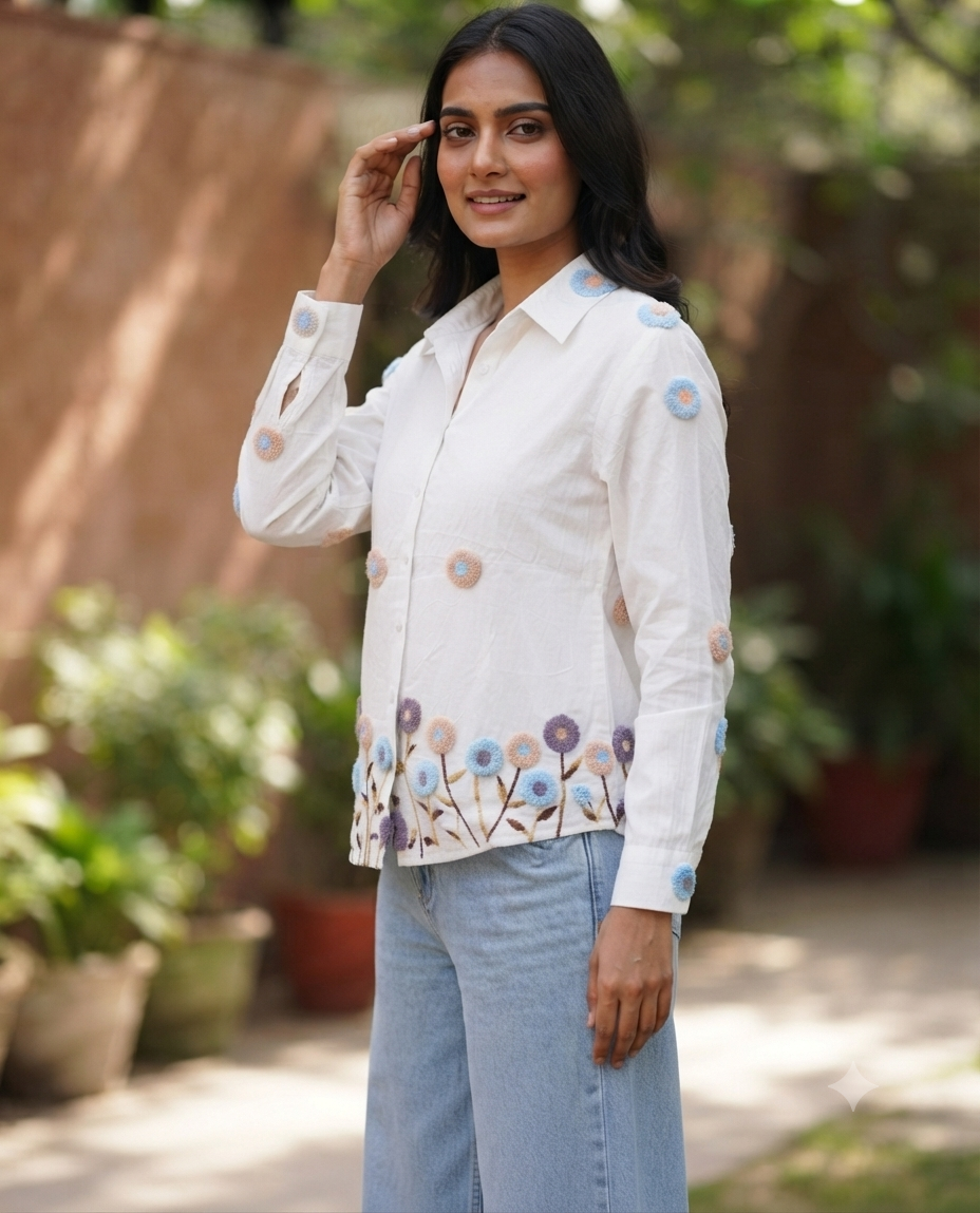 ARTISANAL BLOOM WHITE LINEN BLEND SHIRT BESU INDIA