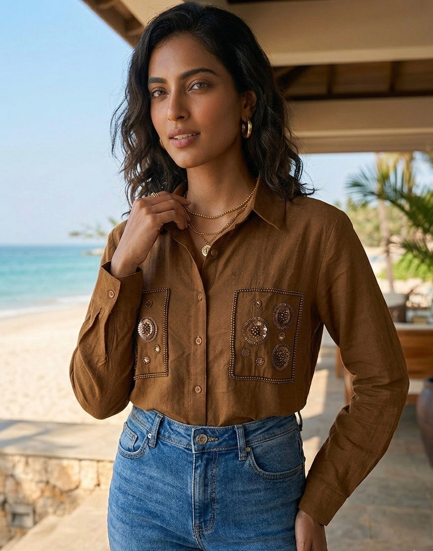 EARTHY BROWN SHIRT WITH SEQUIN DETAIL BESU INDIA