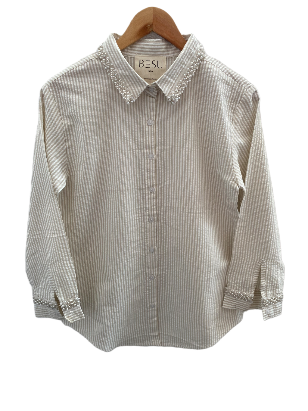 BEIGE STRIPED SHIRT WITH EMBROIDERED COLLAR AND CUFFS BESU INDIA