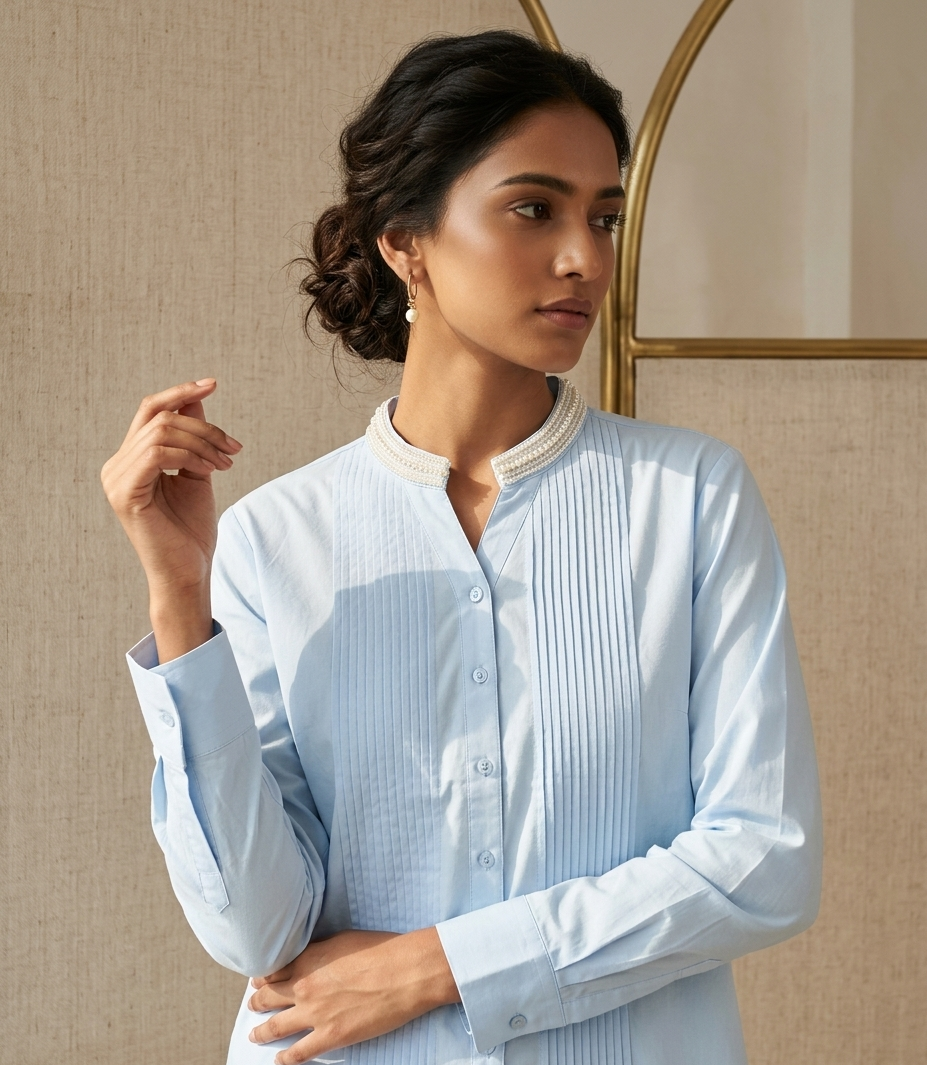 POWDER BLUE SHIRT WITH EMBROIDERED COLLAR BESU INDIA