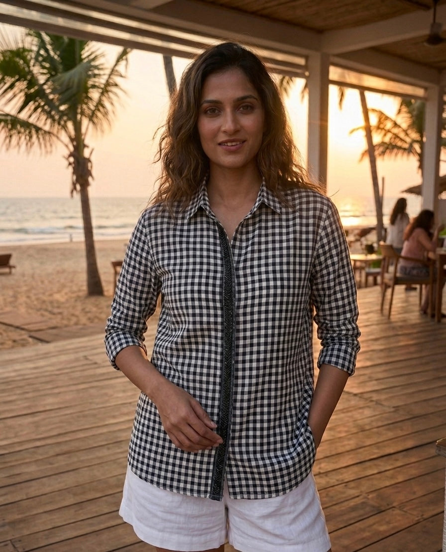BLACK CHECKS SHIRT WITH EMBROIDERED PLACKET BESU INDIA