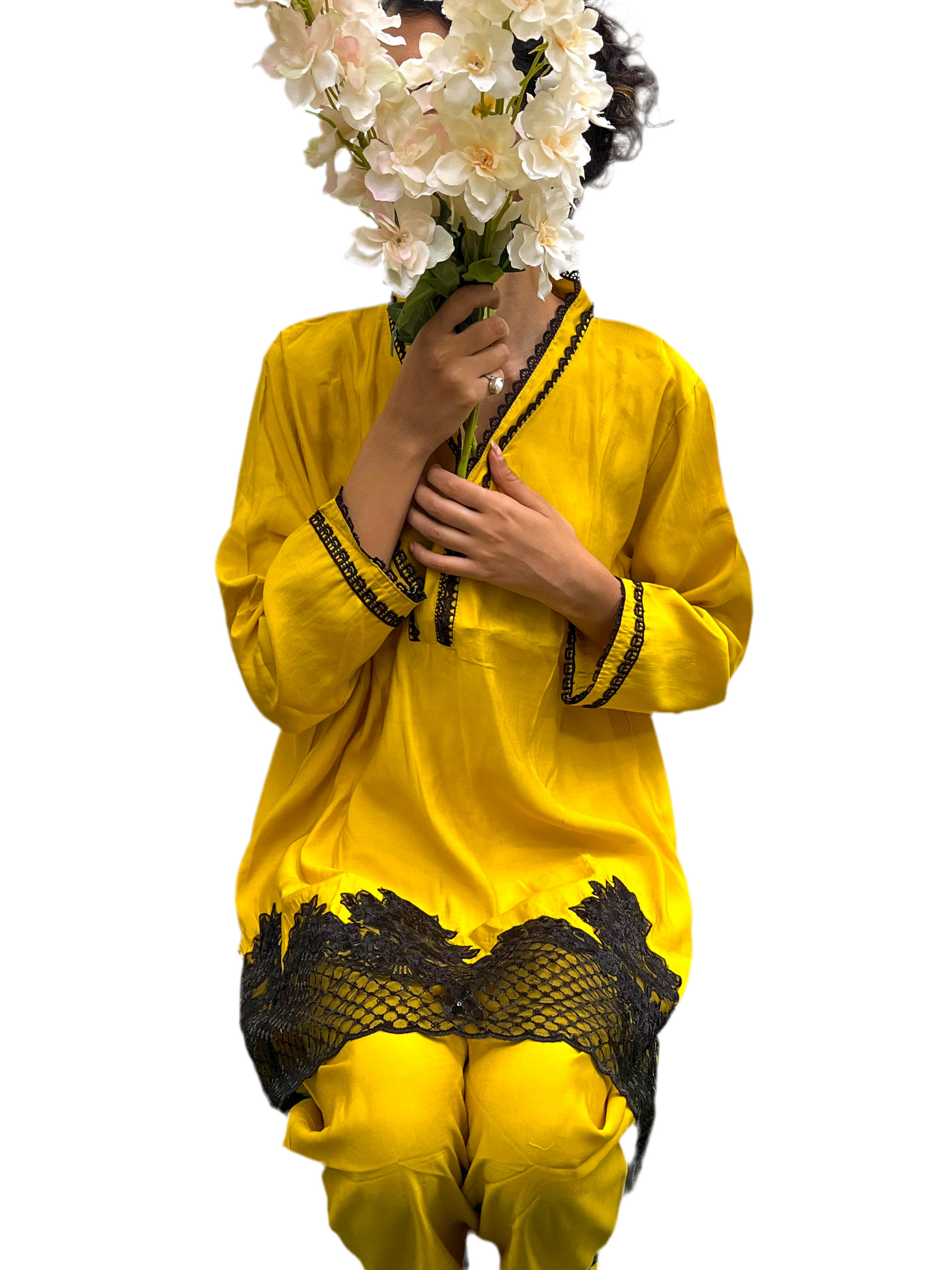 MUSTARD LACE APPLIQUÉ PATCH WORK KURTA SET BESU INDIA