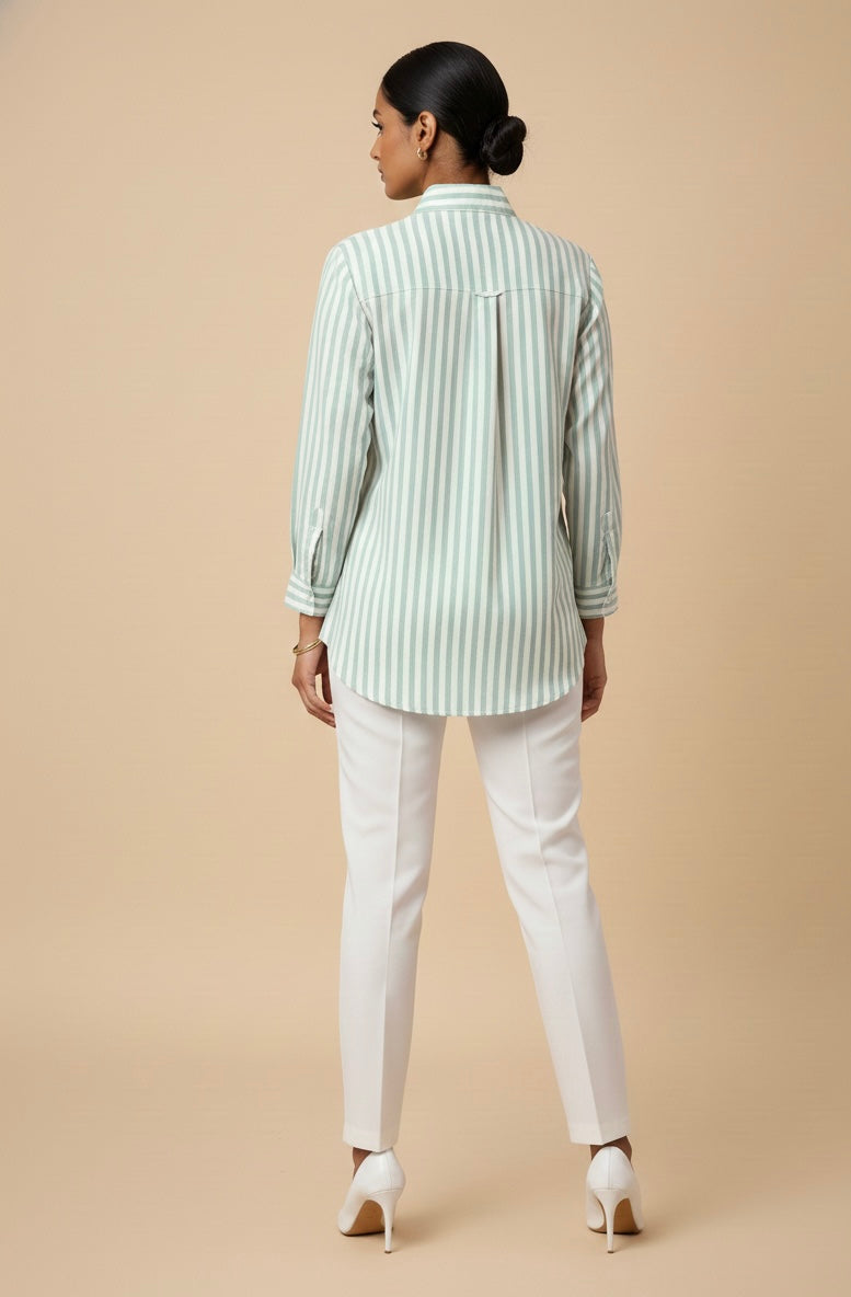 LIGHT GREEN STRIPED SHIRT WITH PATCHWORK