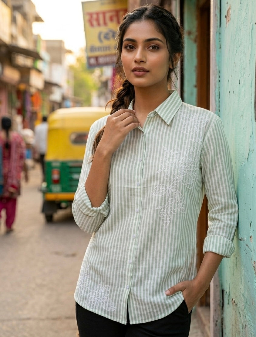 PASTEL GREEN STRIPED SHIRT WITH WHITE EMBROIDERY BESU INDIA