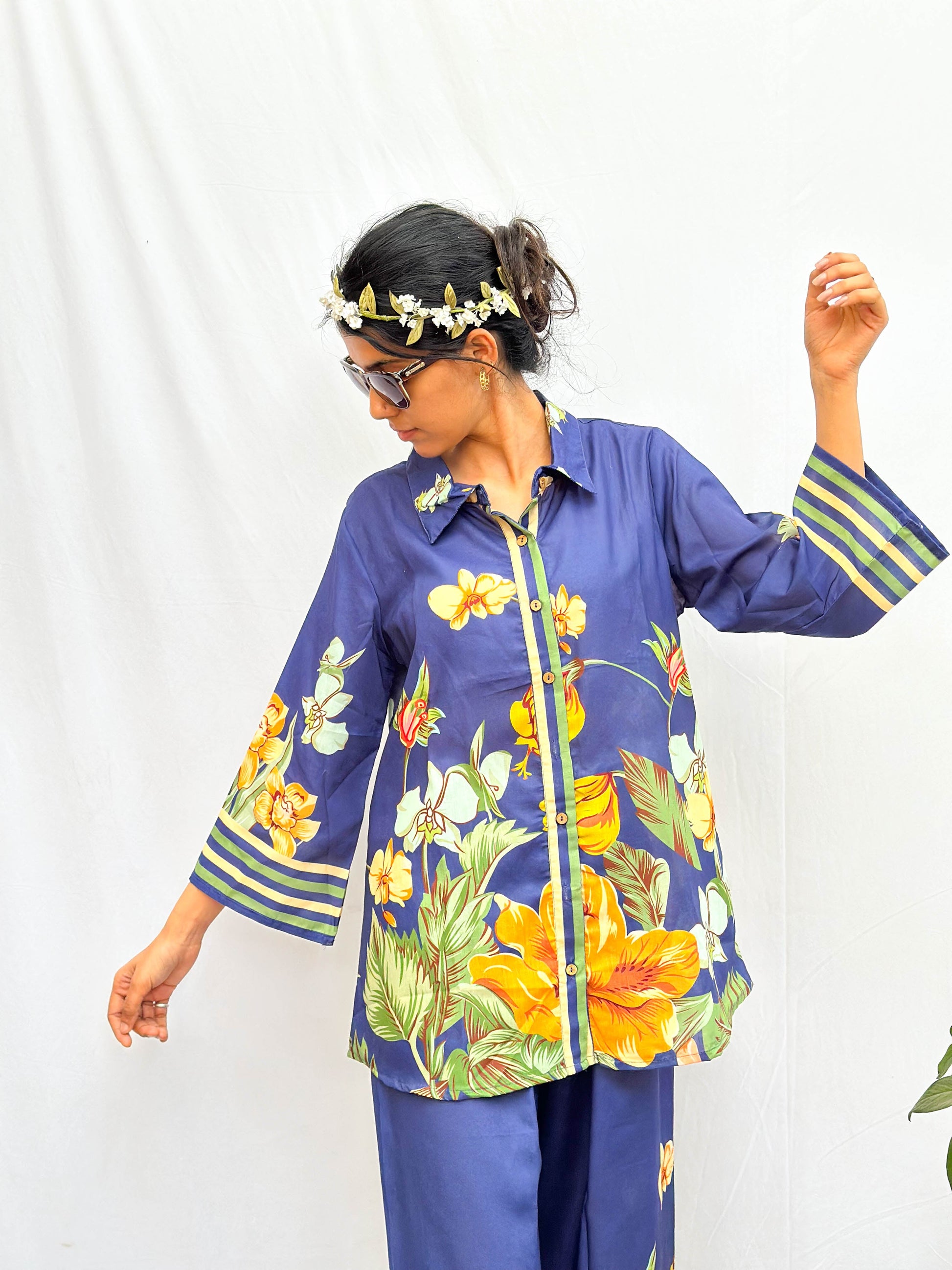 DEEP BLUE TROPICAL FLORAL PRINTED COTTON CO-ORD SET BESU INDIA