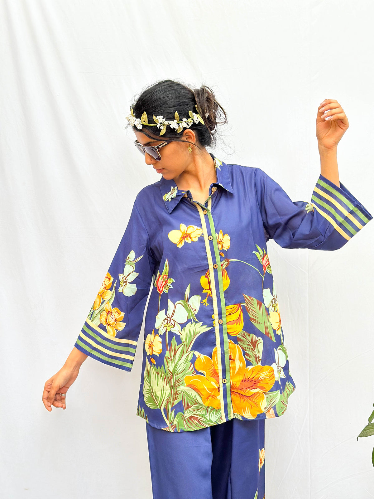 DEEP BLUE TROPICAL FLORAL PRINTED COTTON CO-ORD SET BESU INDIA
