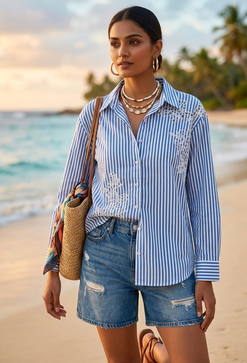 CLASSIC BLUE AND WHITE STRIPE SHIRT WITH WHITE EMBROIDERY BESU INDIA