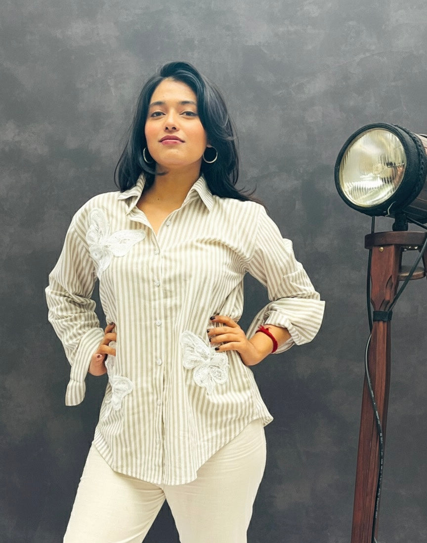 CREAM STRIPED SHIRT WITH BUTTERFLY PATCHWORK BESU INDIA