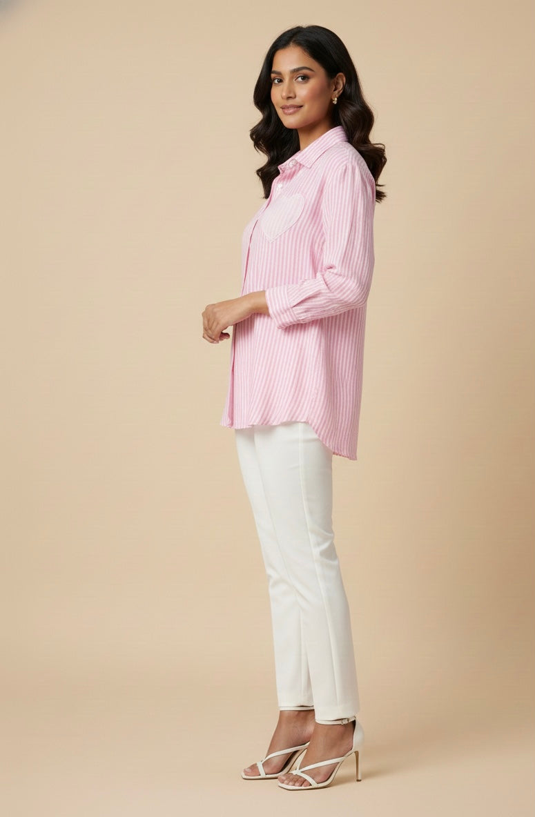 WHITE AND PINK STRIPED SHIRT WITH HEART PATCHWORK