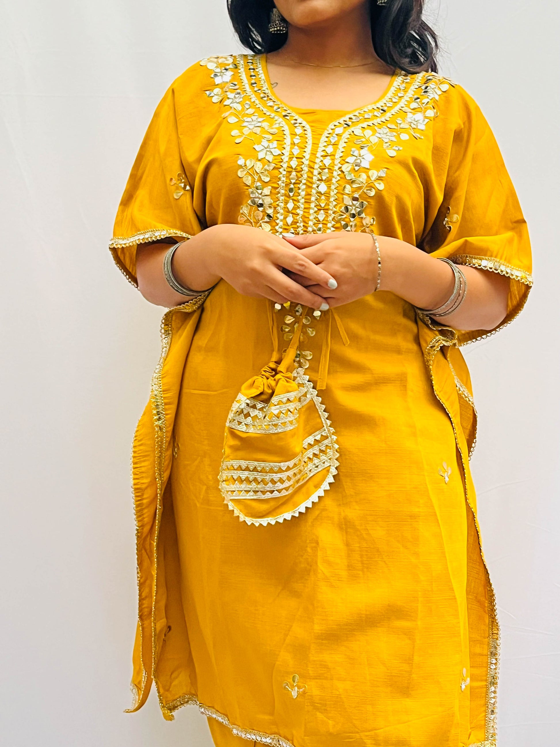MUSTARD KAFTAN SET WITH A SMALL BAG BESU INDIA