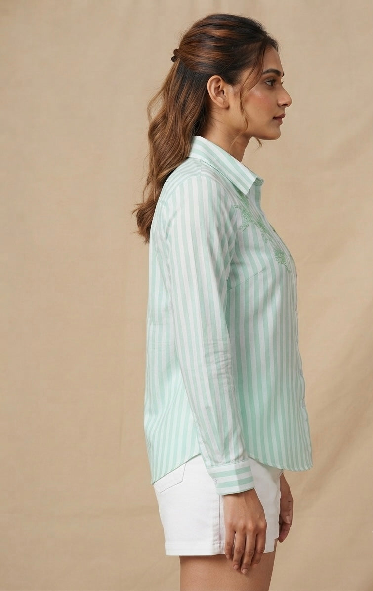 MINT GREEN STRIPED SHIRT WITH FLORAL EMBROIDERY BESU INDIA