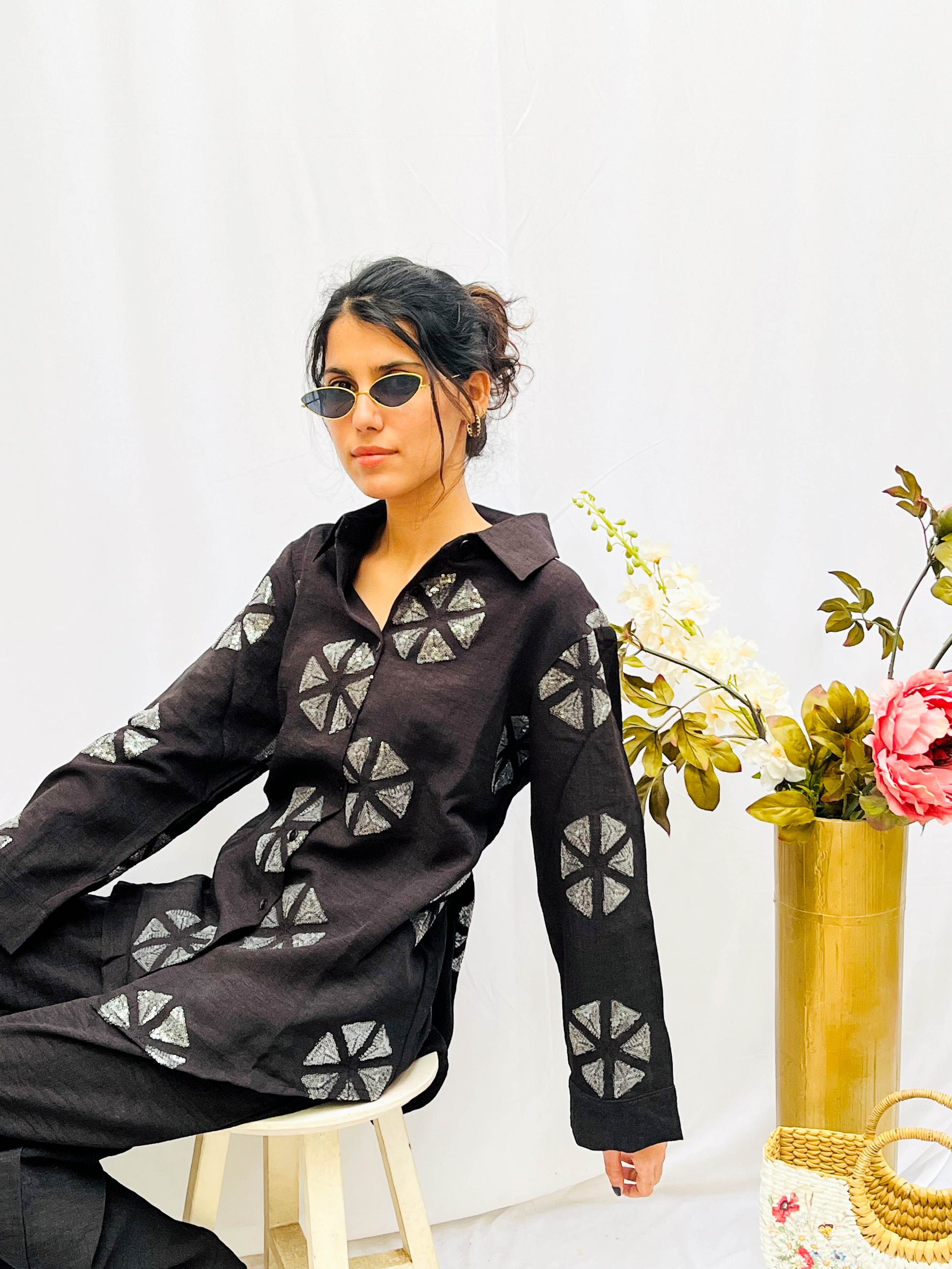 BLACK SEQUINS PATCH WORKED LINEN CO-ORD BESU INDIA