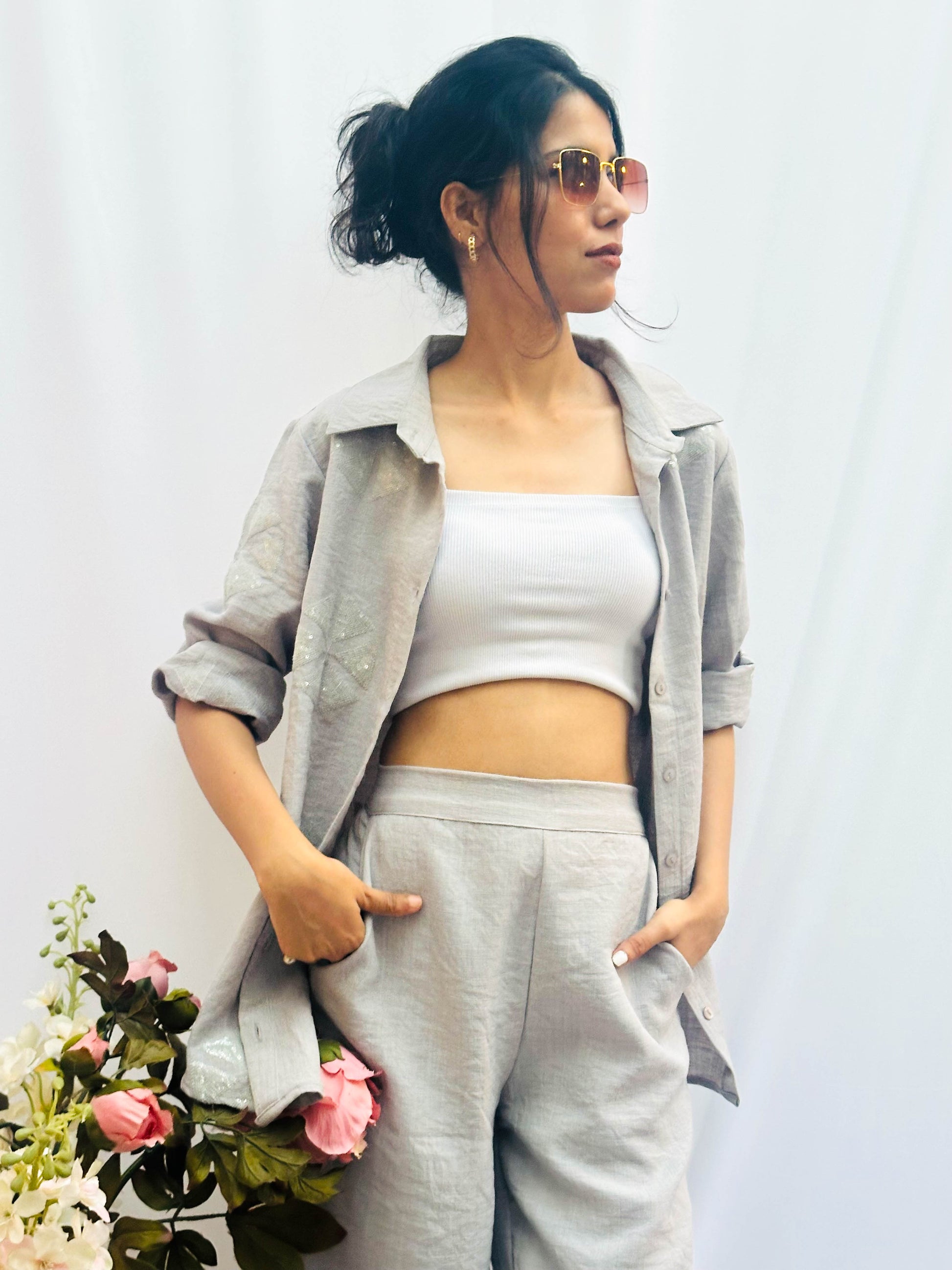 LIGHT GREY SEQUINS LINEN CO-ORD BESU INDIA