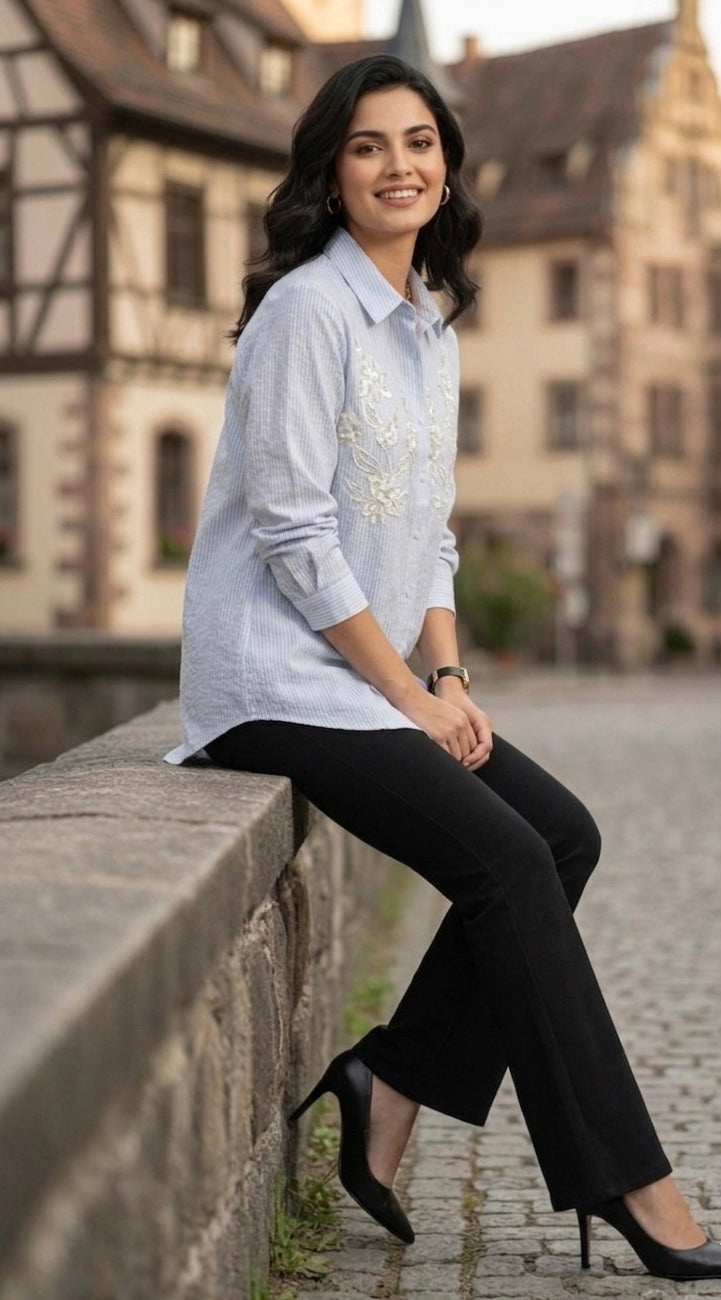 LIGHT BLUE STRIPED SHIRT WITH SEQUINS EMBROIDERY BESU INDIA