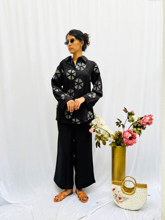 BLACK SEQUINS PATCH WORKED LINEN CO-ORD BESU INDIA