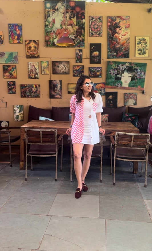 PINK CHEVRON PRINT - HALF AND HALF SHIRT KURTA BESU INDIA