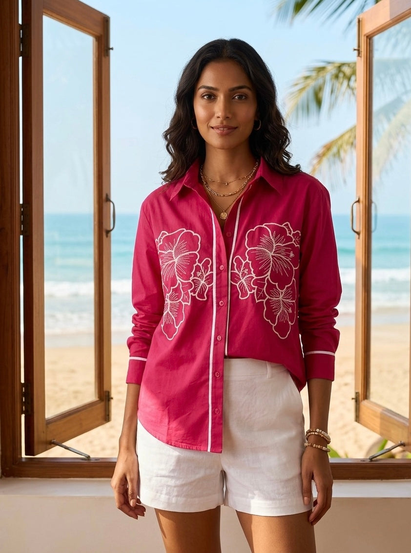 FUCHSIA FLORAL ACCENT SHIRT BESU INDIA
