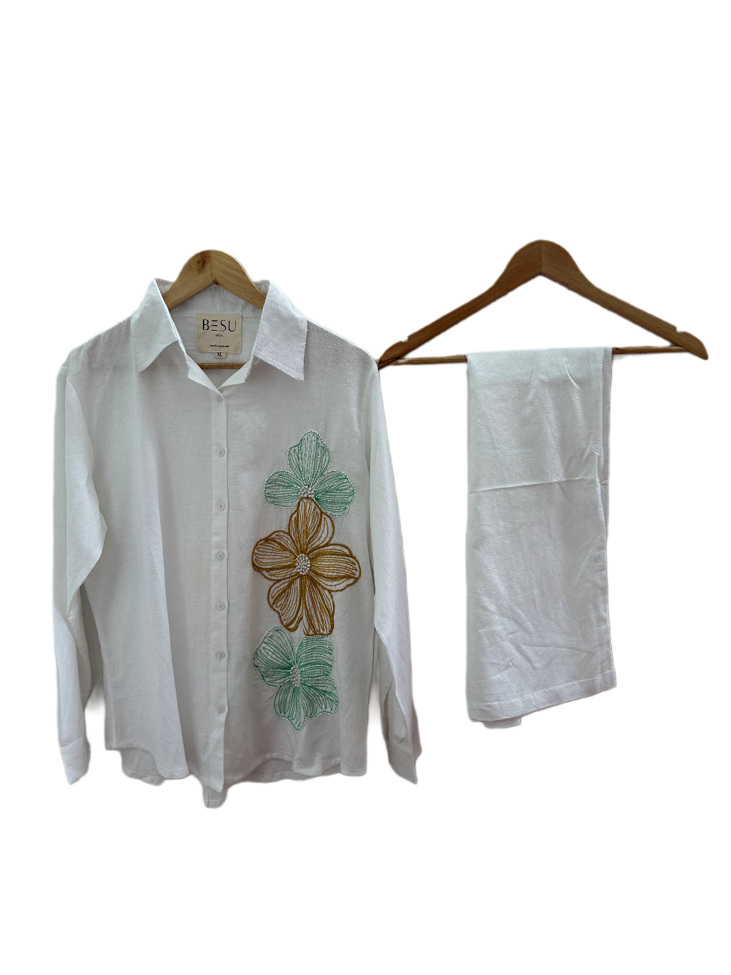 WHITE LINEN COLOURFUL THREAD EMBROIDERED AND EMBELLISHED CO-ORDS BESU INDIA
