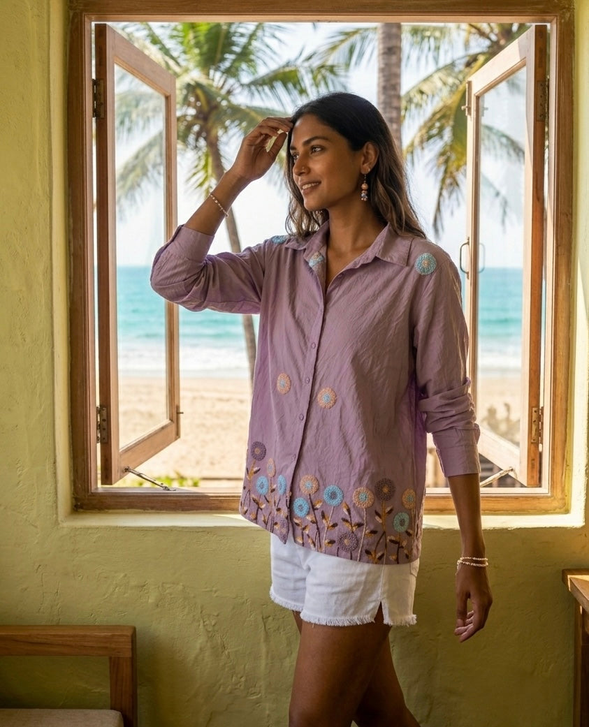 ARTISANAL BLOOM PURPLE LINEN BLEND SHIRT BESU INDIA