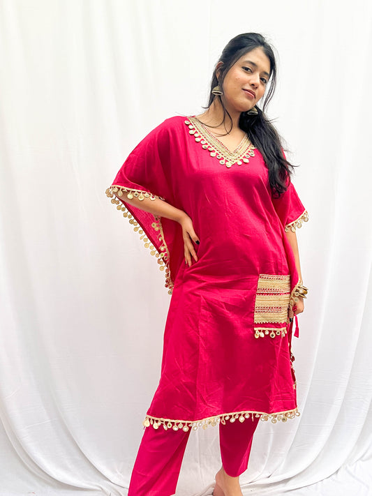 PINK MIRROR WORK KHAFTAN WITH STRAIGHT PANTS AND BAG BESU INDIA