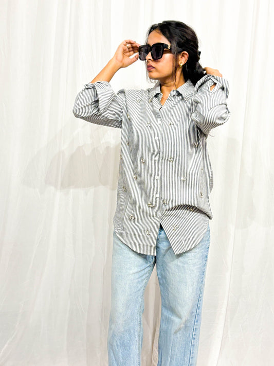 BLACK AND WHITE STRIPED SHIRT WITH EMBELLISHMENTS BESU INDIA