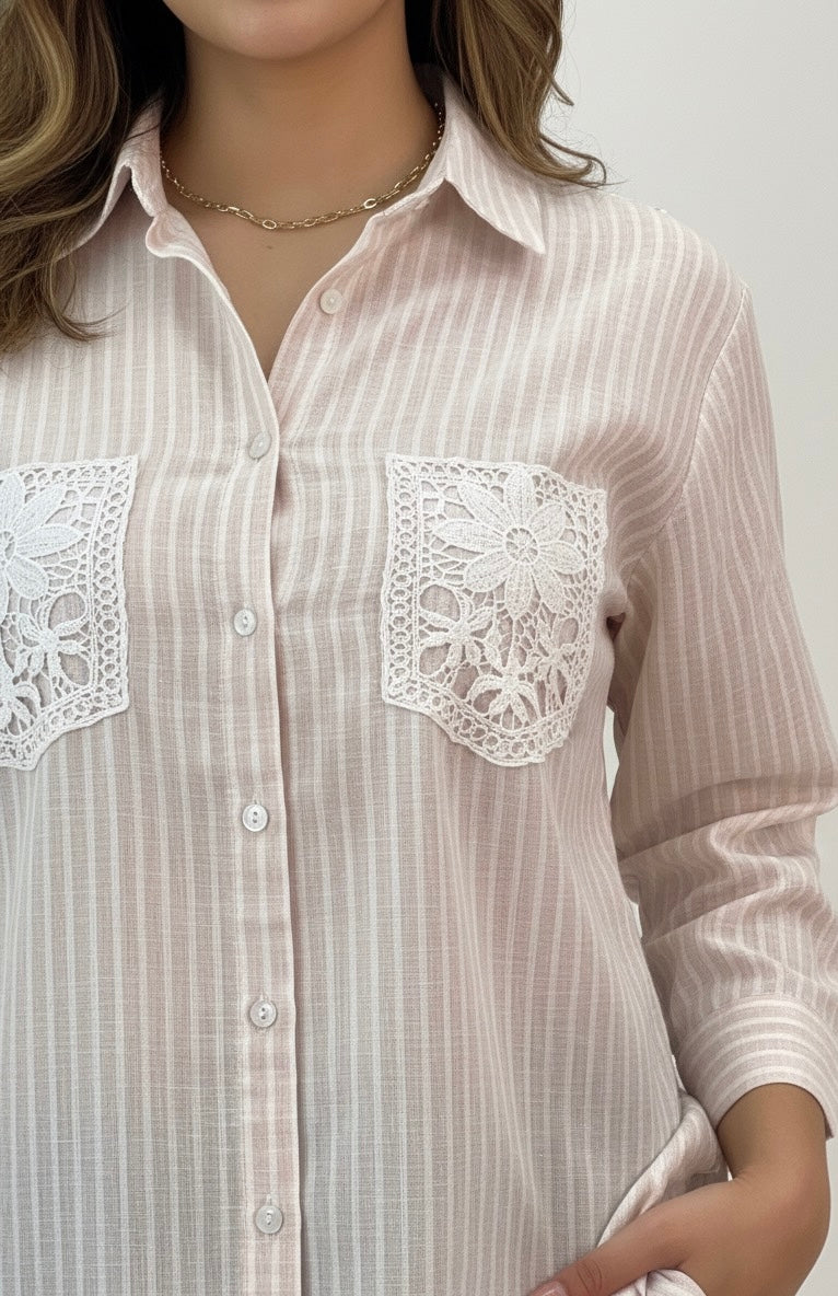 BEIGE AND WHITE STRIPES WITH LACE POCKETS BESU INDIA