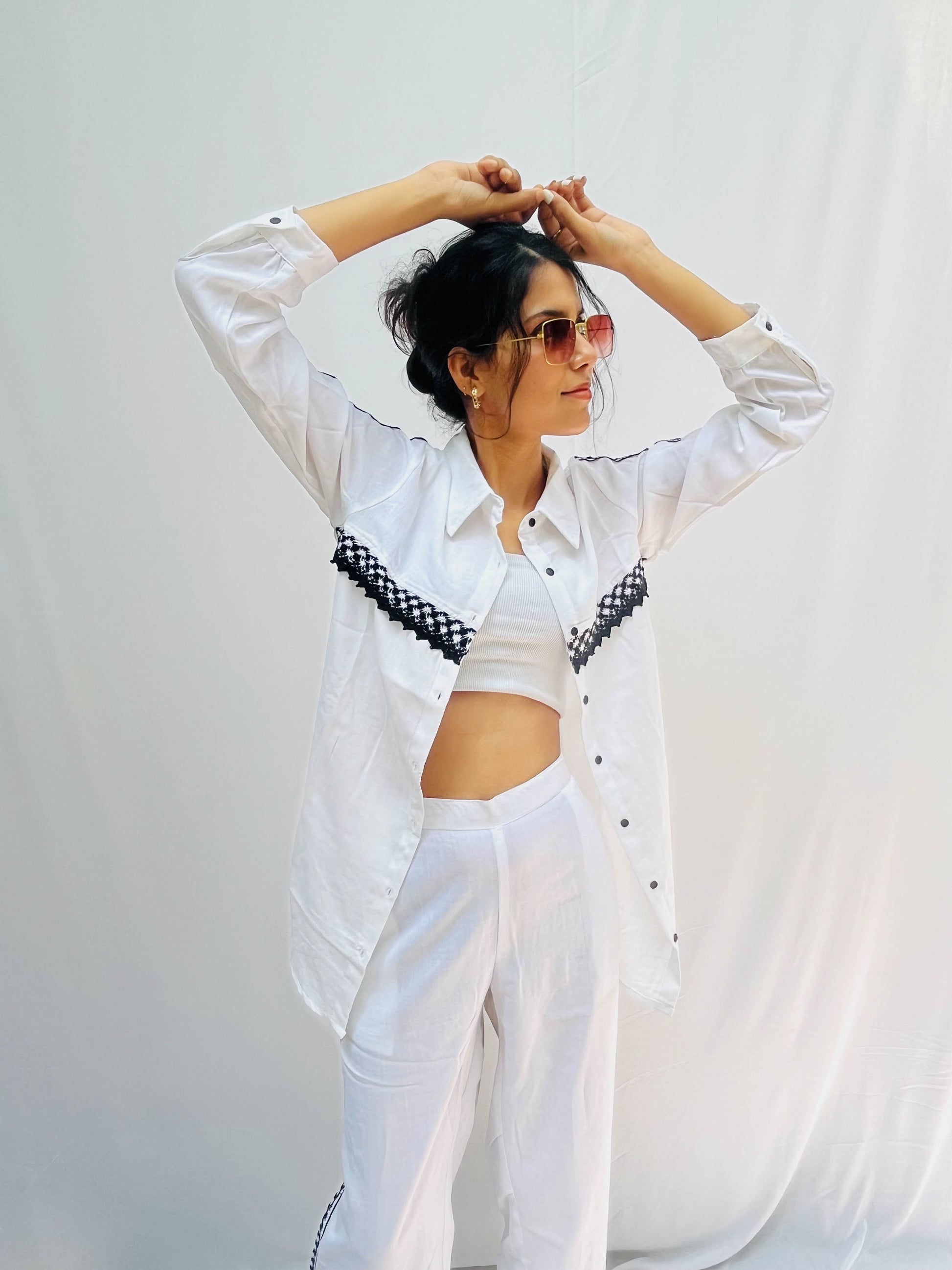 WHITE COTTON CO-ORD WITH BLACK LACE DETAILING BESU INDIA