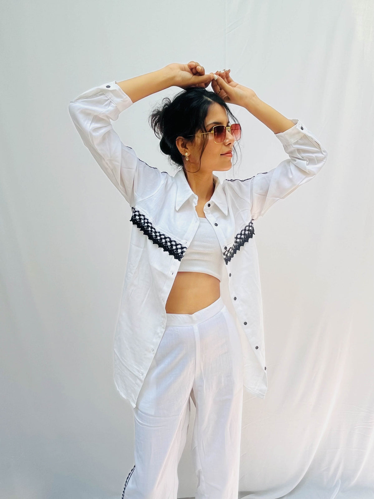 WHITE COTTON CO-ORD WITH BLACK LACE DETAILING BESU INDIA