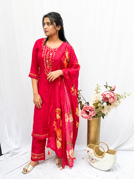 RED IS EMBROIDERED KURTA WITH EMBROIDERED PANTS AND PRINTED DUPUTTA BESU INDIA