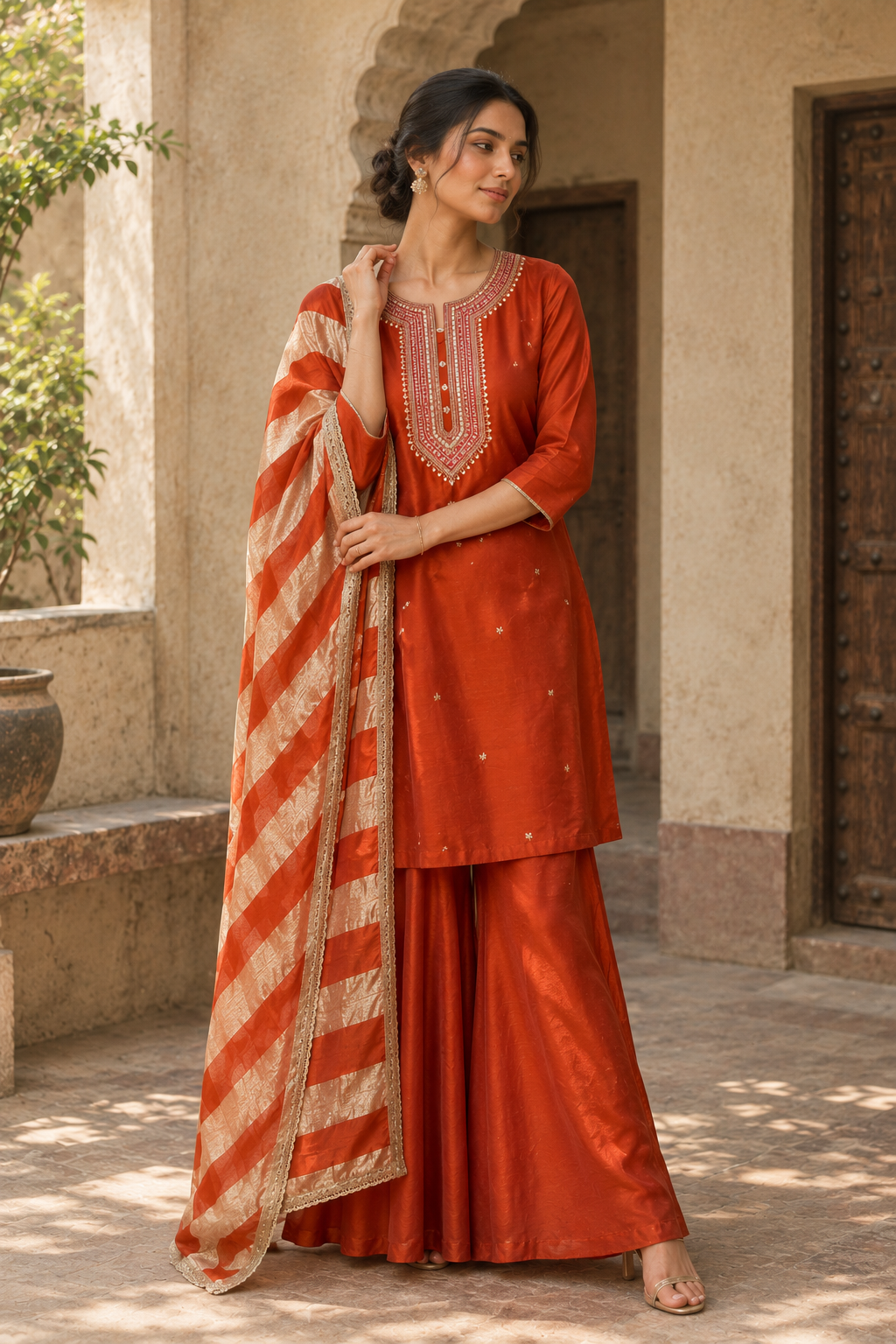 BURNT ORANGE SLIK-BLEND KURTA SET BESU INDIA