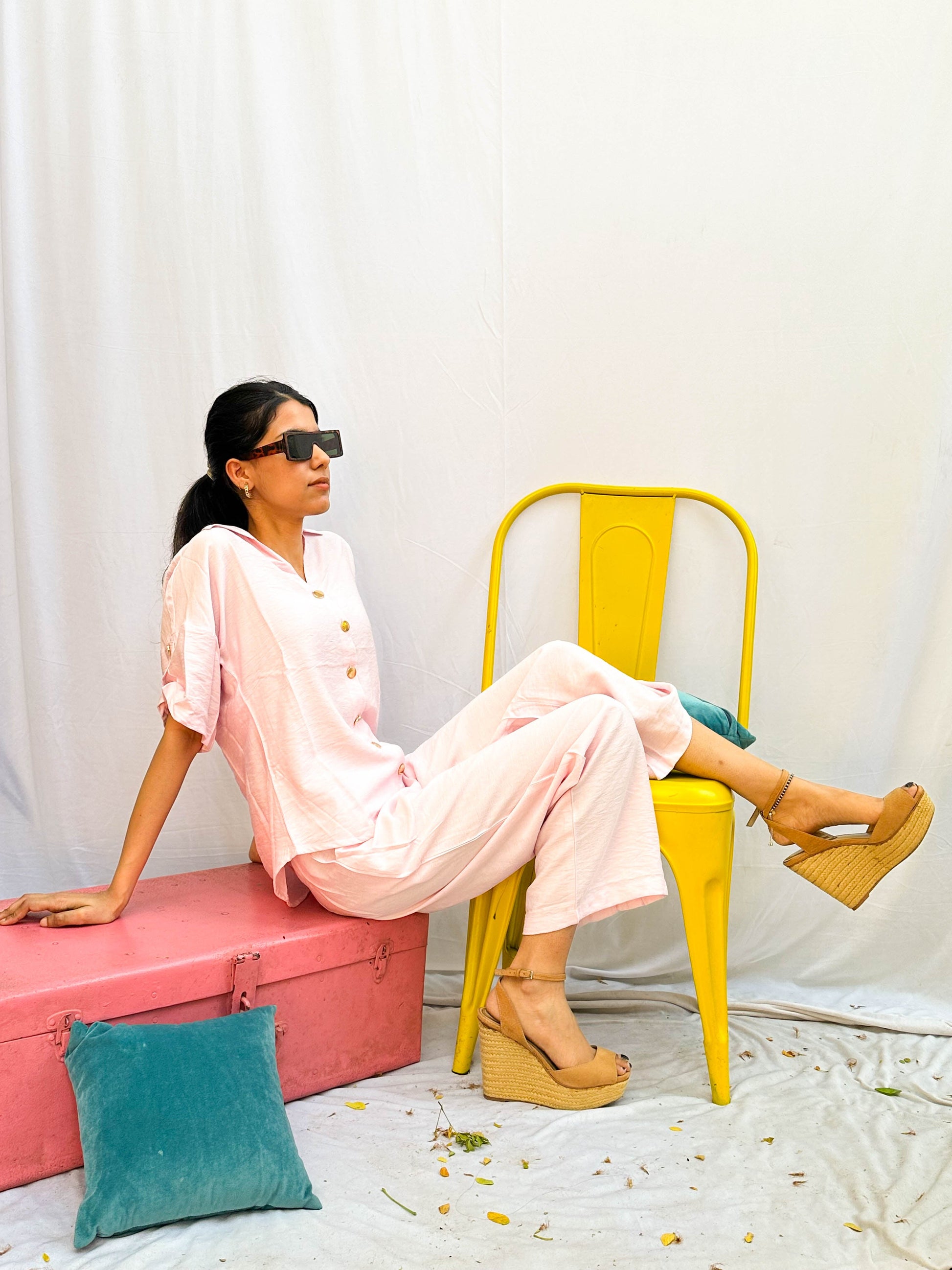 BABY PINK CO-ORDS WITH GOLD BUTTONS BESU INDIA